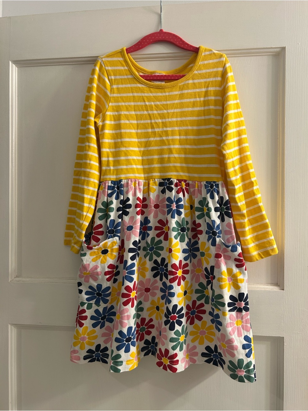 Hanna Andersson Girls Yellow Striped Floral Skirt Dress Size 120/US 6-7